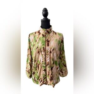 Compliments: Reptile Green and Brown Zip-Up Jacket with Rouched Pleated Details